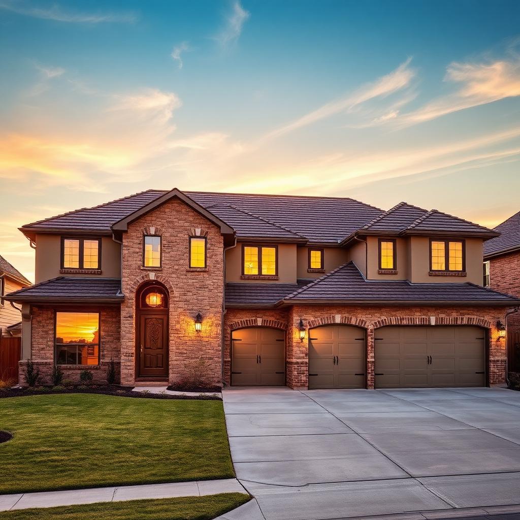 Frisco Texas luxury home with Class 4 impact-resistant asphalt shingle roof at sunset