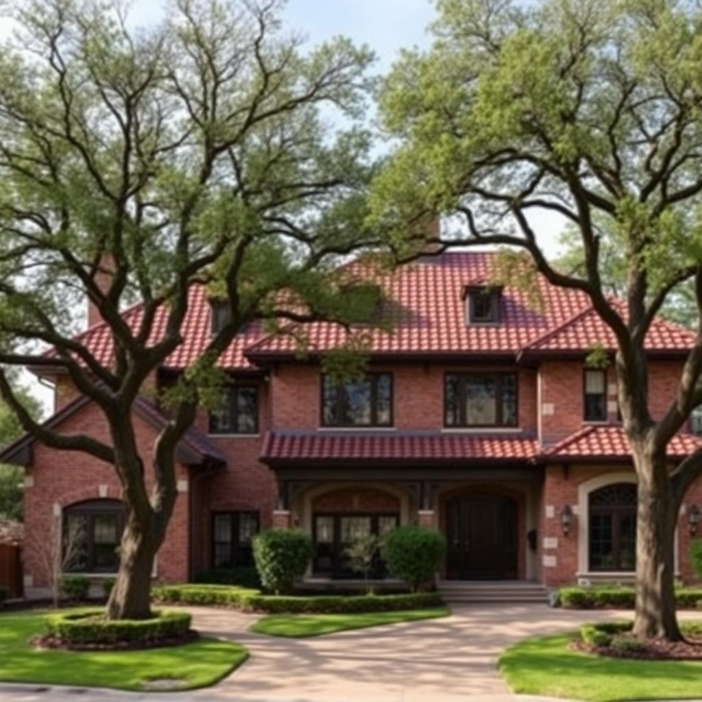 Historic Highland Park Dallas Texas home with original red clay tile roof under mature oak trees