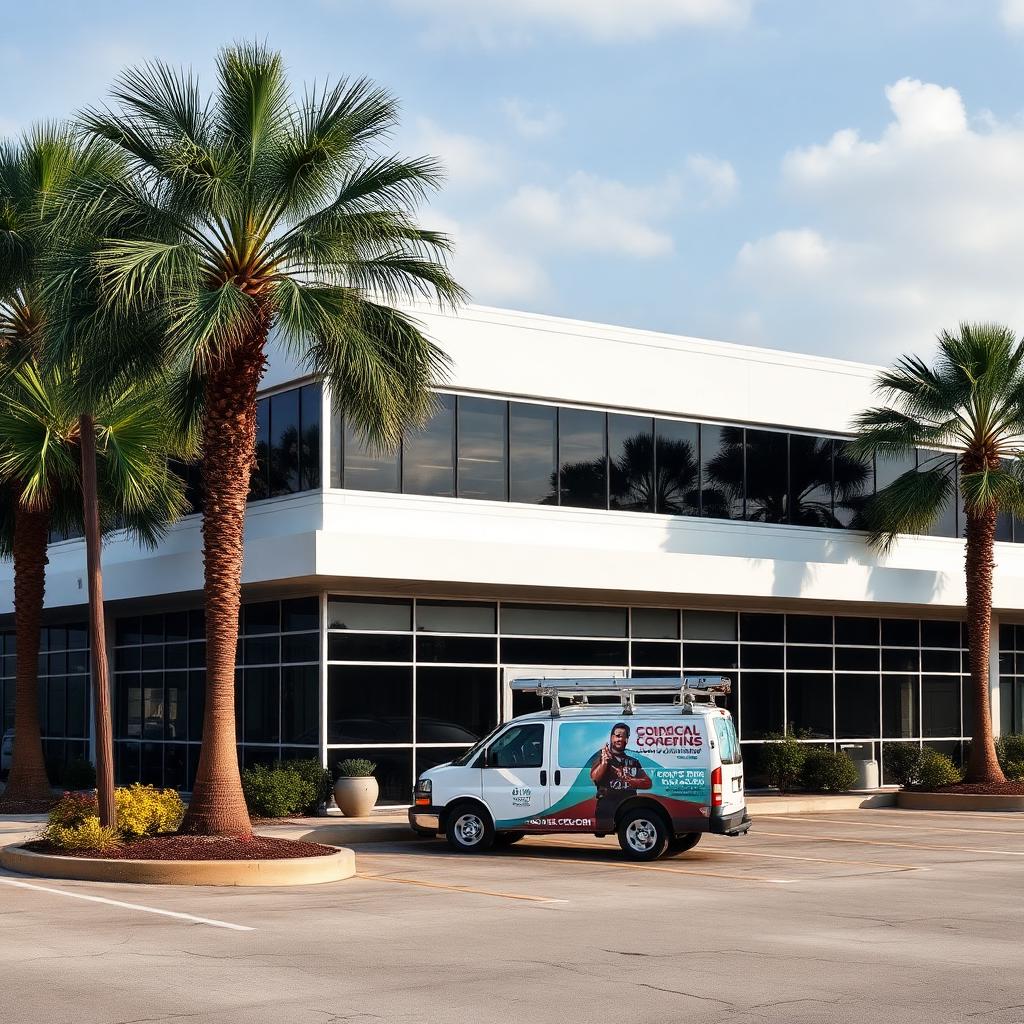 Las Colinas Irving Texas commercial office building with white TPO flat roof and roofing contractor van