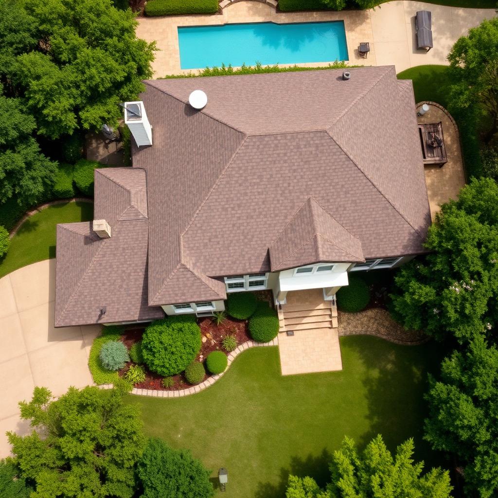 Aerial drone view of a Preston Hollow Dallas Texas home with new composition shingle roof after hail damage repair — Plano, TX