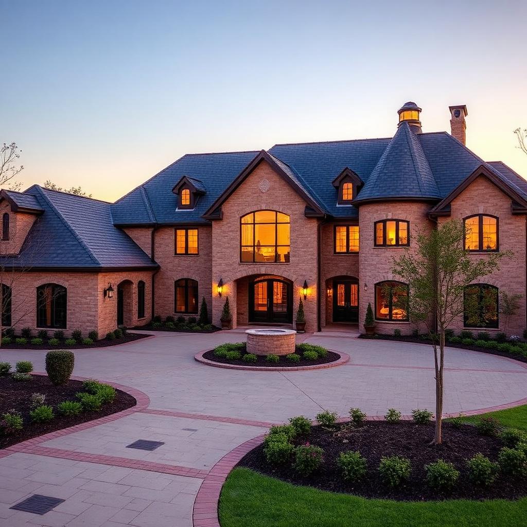 Southlake Texas luxury estate home with natural slate roof and copper accents at dusk